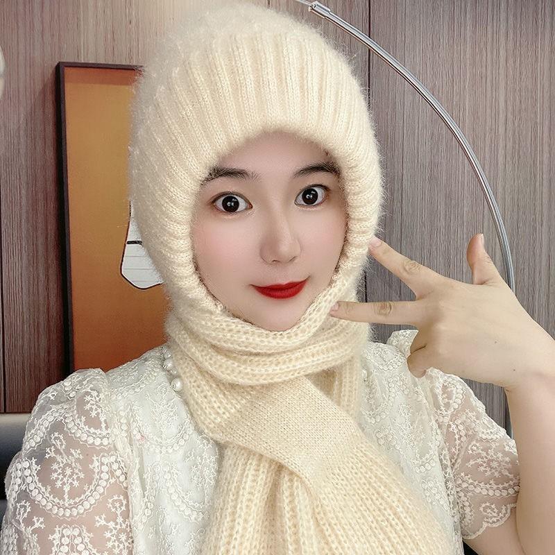 Hat women's autumn and winter warm hat scarf integrated winter hat women's plush wool hat buckle ear protector knitted hat