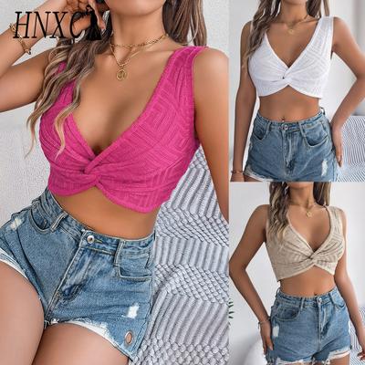 Spring Summer Solid-color Knotted Crop Top for Vacation Women's Wear