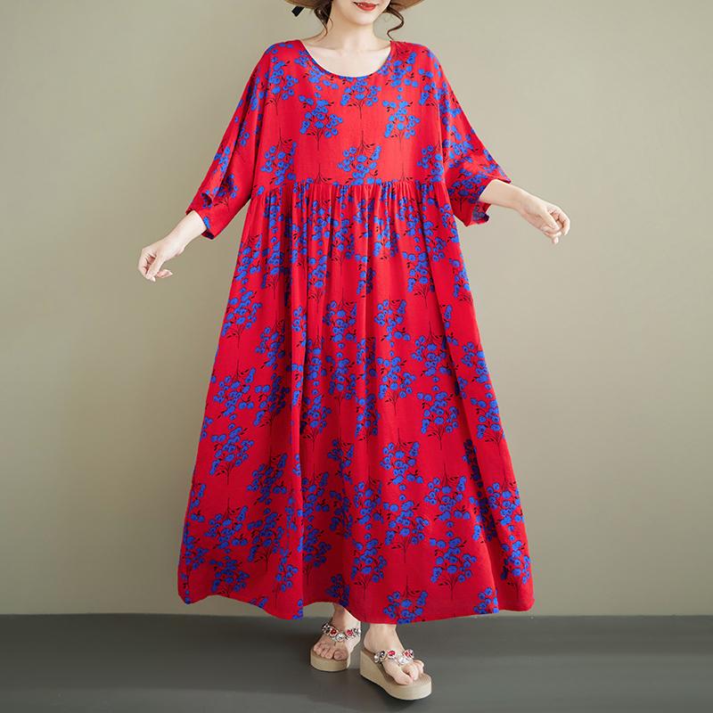 Kısa kollu Artı boyutu pamuklu vintage çiçekli yeni elbiseler kadınlar için gündelik gevşek uzun yaz
