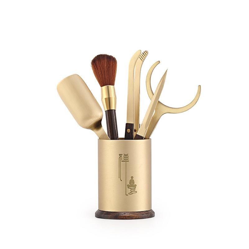 Copper Ebony Wood Tea Ceremony Six Tools Set Gongfu - Teaspoon Pick Tongs Scoop Brush Caddy
