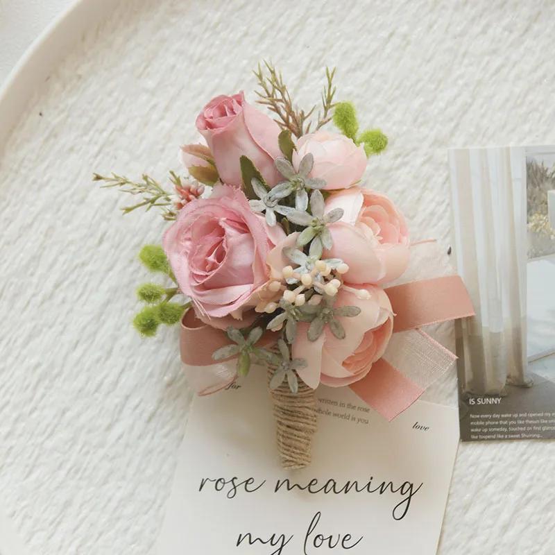 6pcs Pink Corsage Boutonniere Set for Bride Groom Bridesmaids Groomsmen Wedding Cerenony Homecoming Prom Suit Flowers