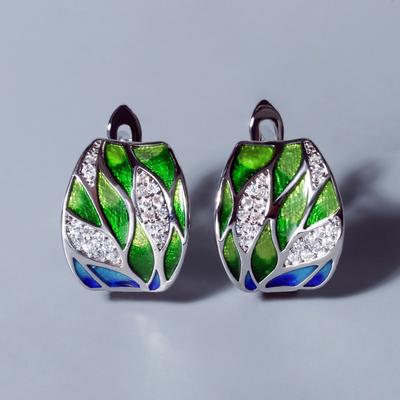 Classic Earrings for Women's Genuine Green Bamboo Leaves Shiny White CZ Exquisite Party Jewelry Handmade Enamel