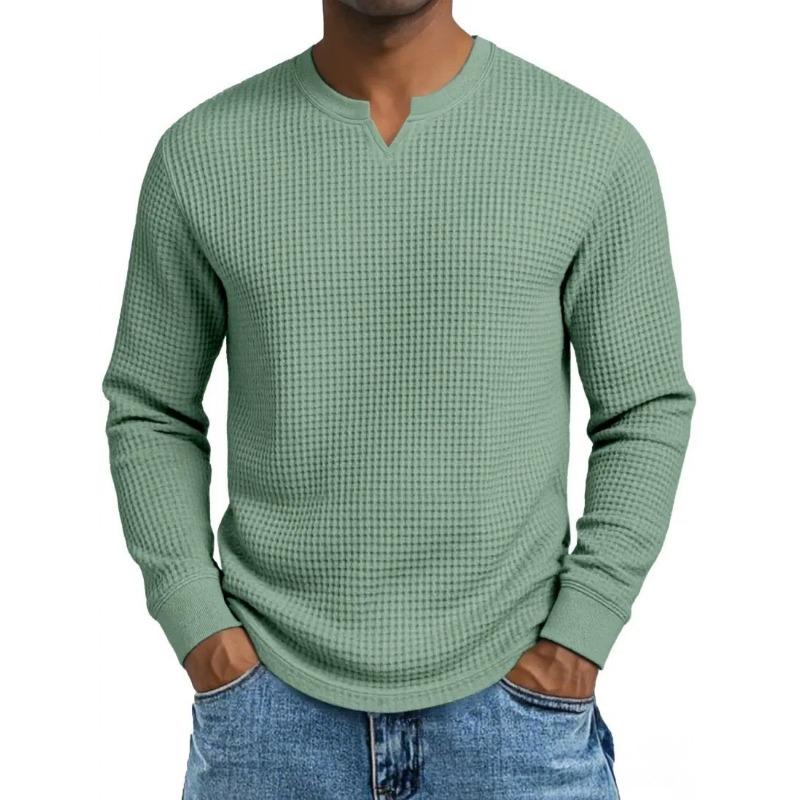 Herren Plus Size Waffel Karomuster Slim Fit Langarm V-Ausschnitt Lässiges T-Shirt