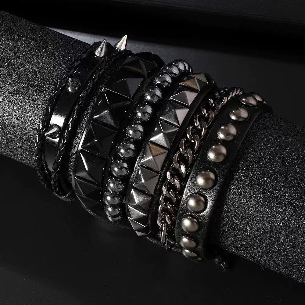 Мужской браслет в панк-стиле с заклепками: Многослойный Хип-Хоп Браслет Аксессуар