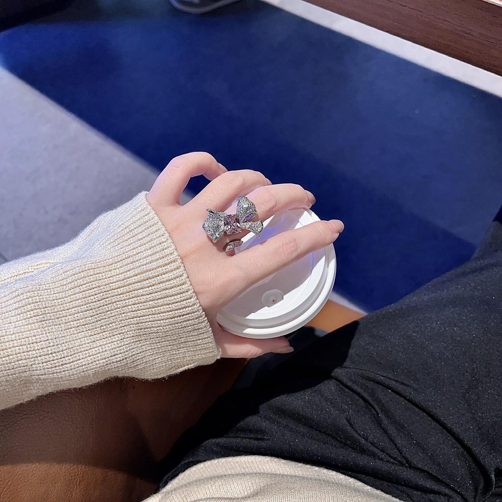 Bright Pink Diamond Colored Treasure Flower Ring Women'S Opening Light Luxury High Sense Design Elegant Temperament