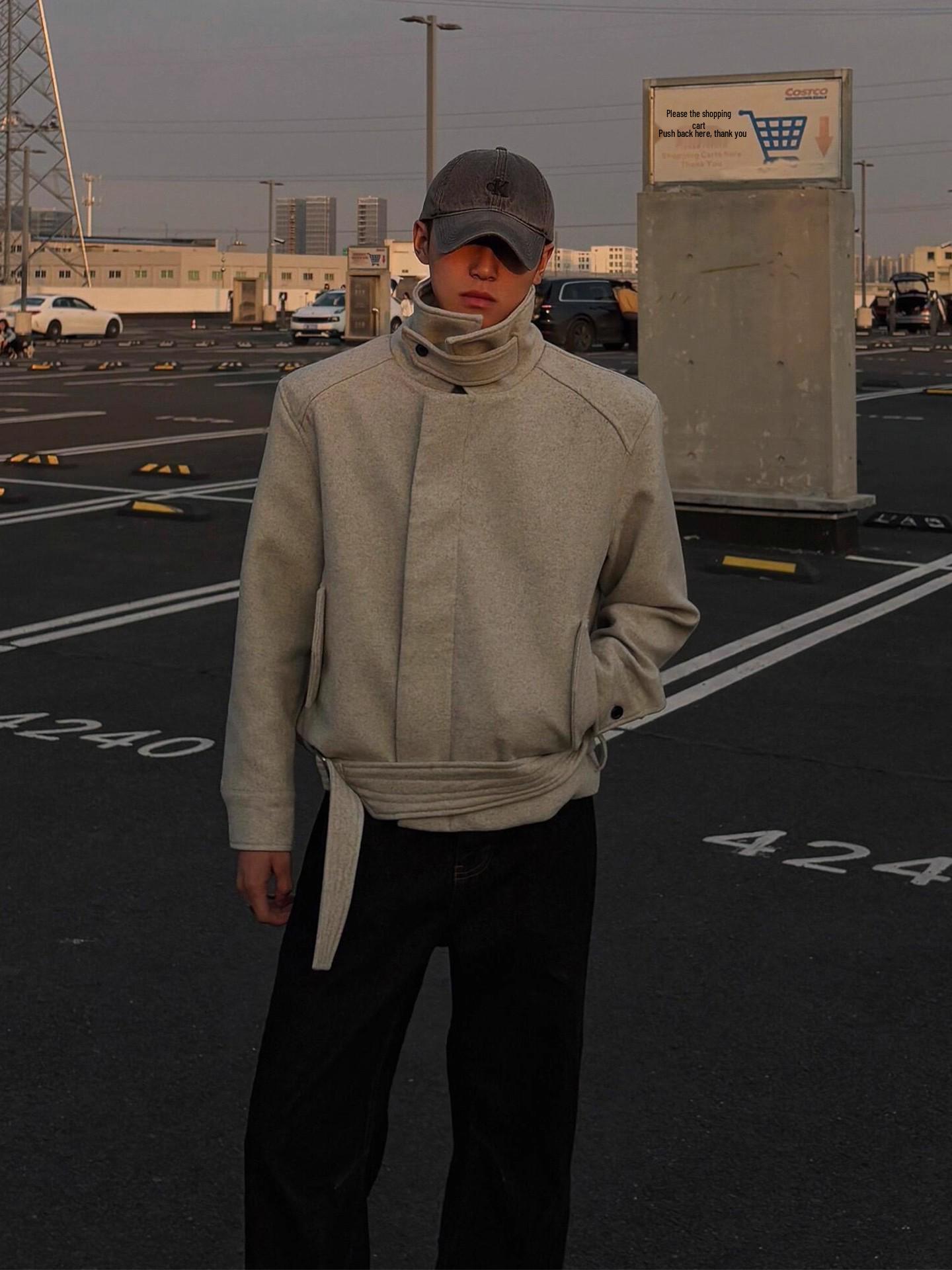 

Men s American Retro Lace-Up Woolen Jacket - Autumn/Winter High-End, Multi-Style, Convertible Collar, Short Design L