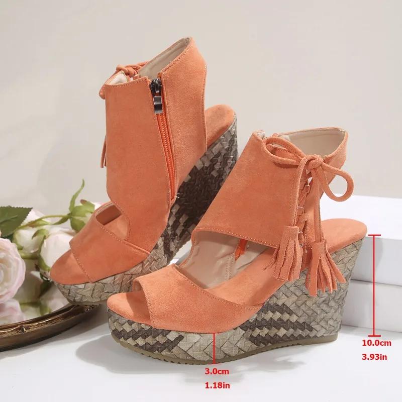 Fashion Summer Sexy Elegant Platform Wedges Open Toe Ladies Shoes Khaki Suede Leather Women's 10cm Ultra High Heels Hollow Out Sandals