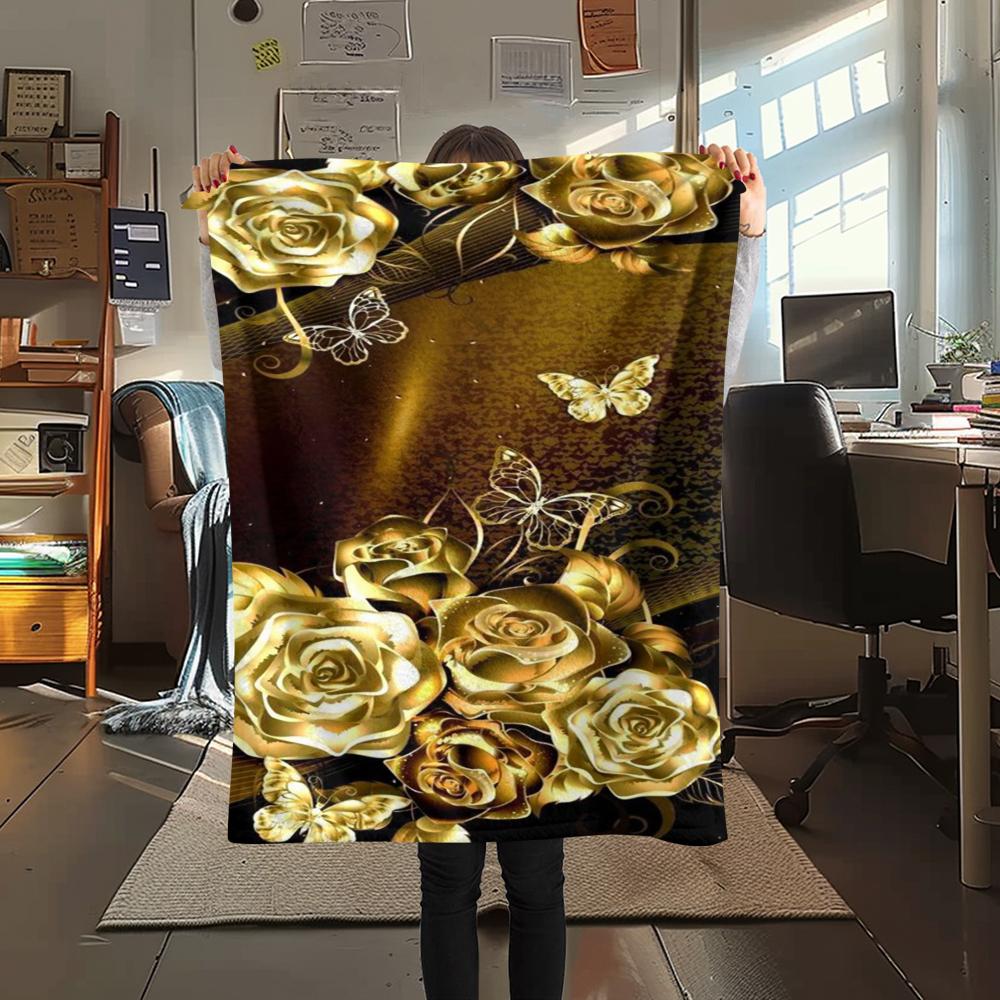1Pc Golden Flower Print Flannel Blanket, High Quality Comfortable for All Seasons, Home Decor, Warmth and Comfort, Perfect for Gifts