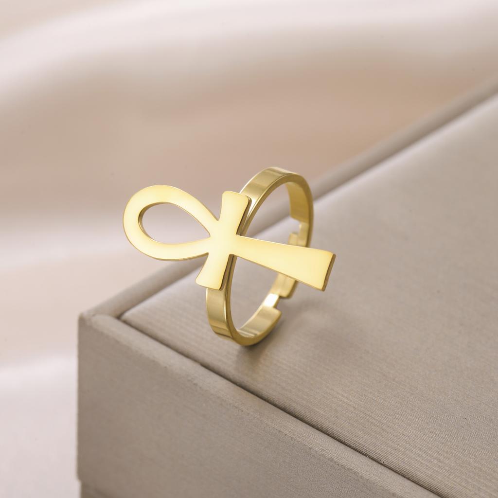 Lemegeton Ankh Cross Rings Adjustable Open Ring Men Women Good Luck Amulet Stainless Steel Ancient Egyptian Jewelry
