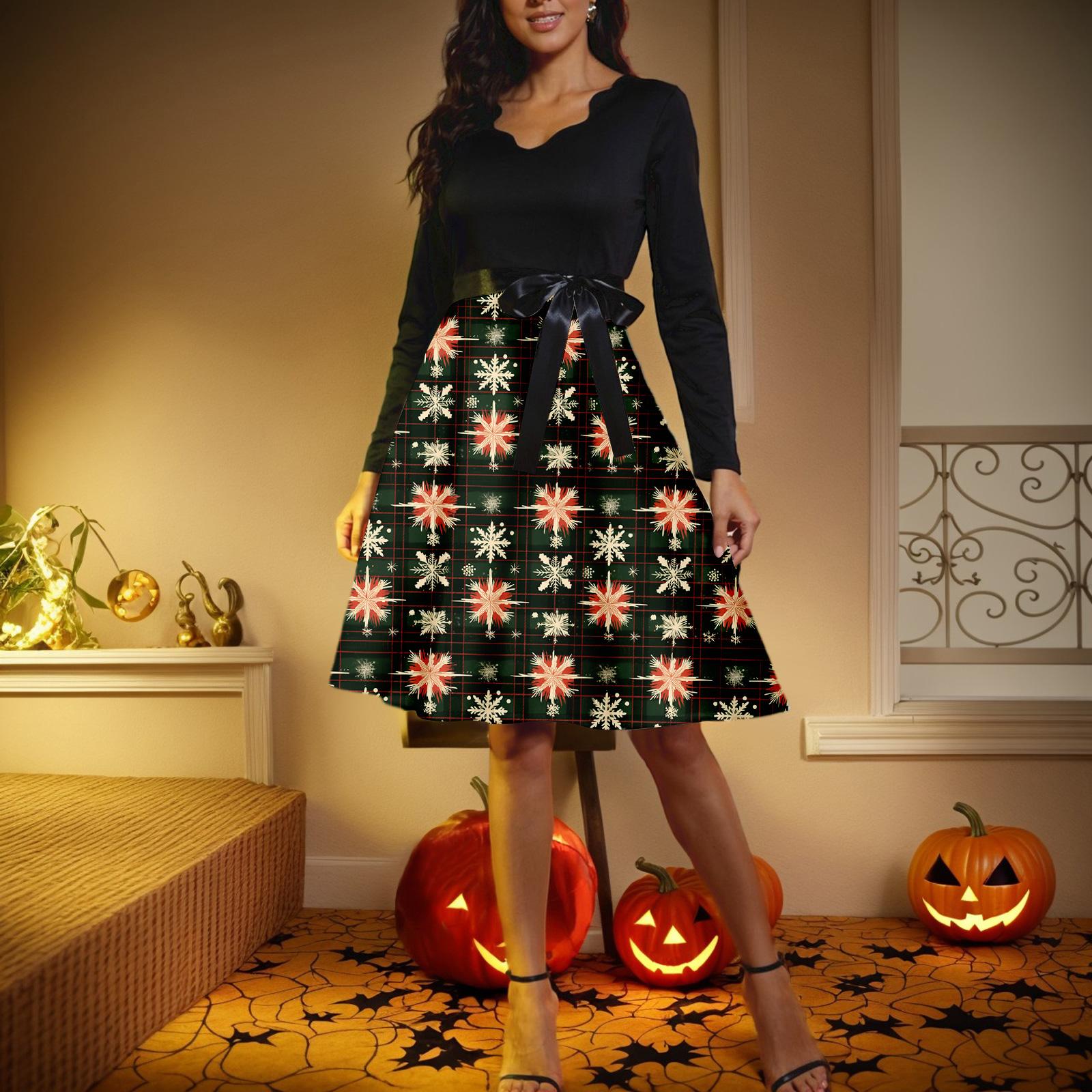 

Женское повседневное модное платье с V-образным вырезом и длинными рукавами в стиле ретро с рождественским принтом L