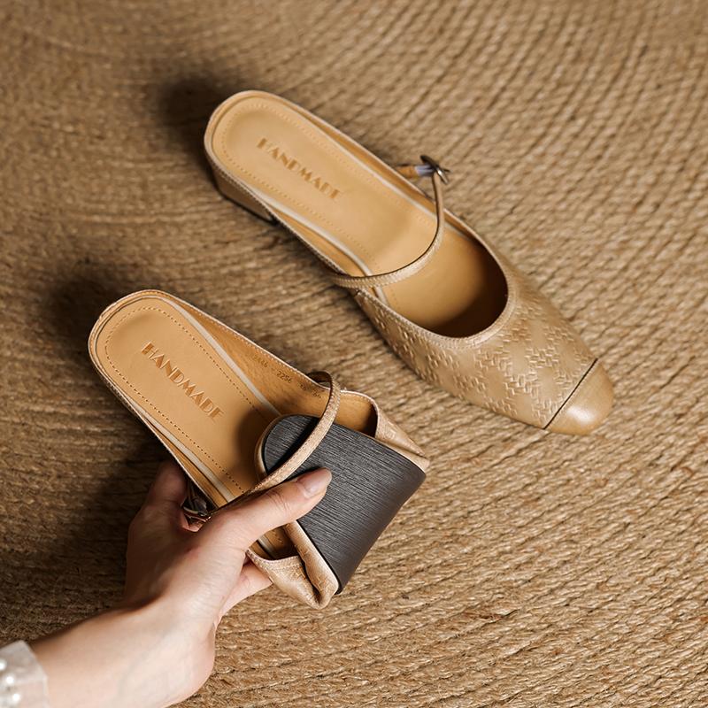 Fashion 2025 NEW Summer Women Mules Genuine Leather Women Shoes Square Toe Chunky Heel Cover Toe Slingback Sandals Modern Slippers
