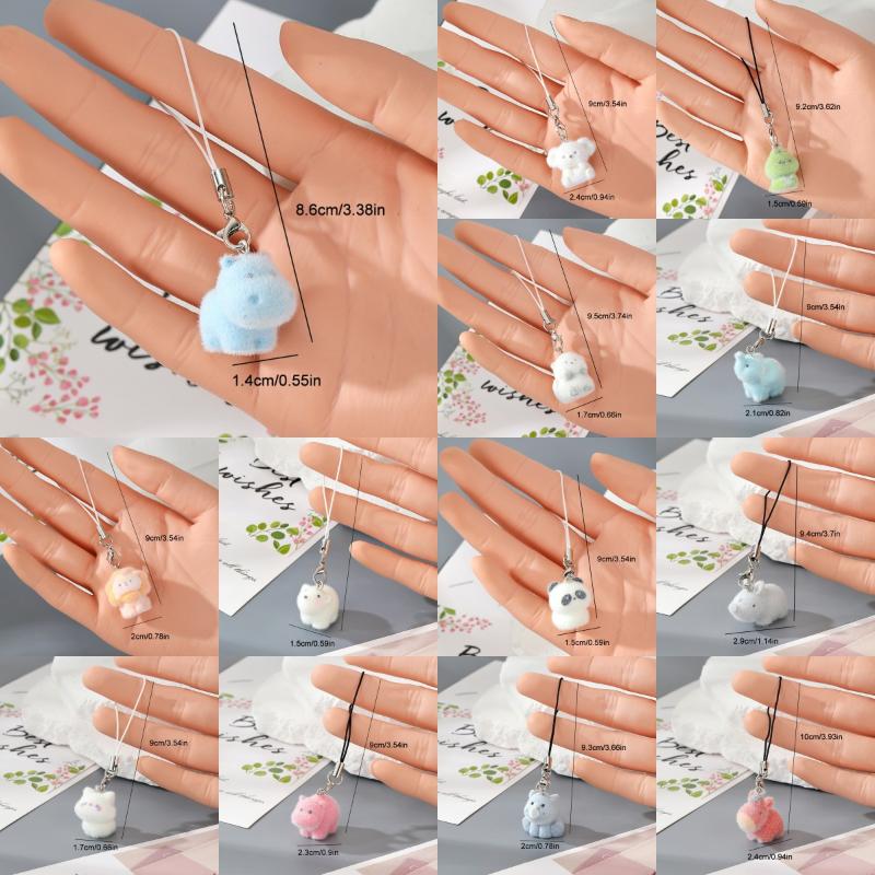 Flocking Penguin Hippopotamus Animal Keychains Phone Lanyard Resin Cute Tiger Beaver Bear Rhinoceros Bag Earphone Case Pendant