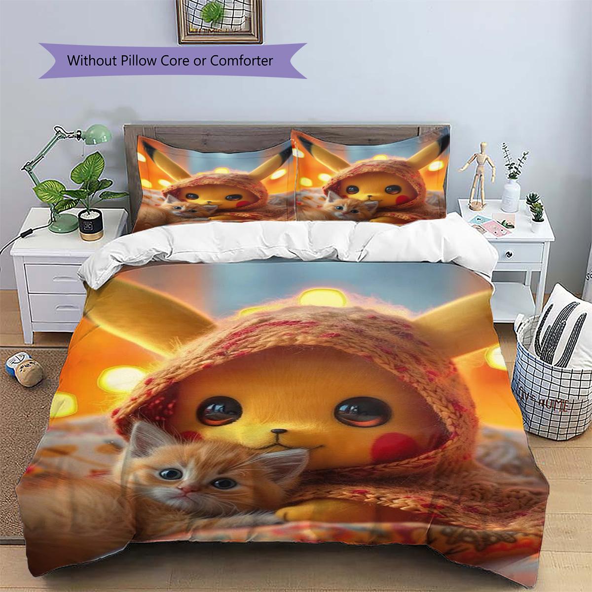 

Pikachu Patterned Pillowcase & Duvet Cover Set Bedroom Bedding with Anime Pattern Special Gift for Anime Enthusiasts.-TING 135x200cm
