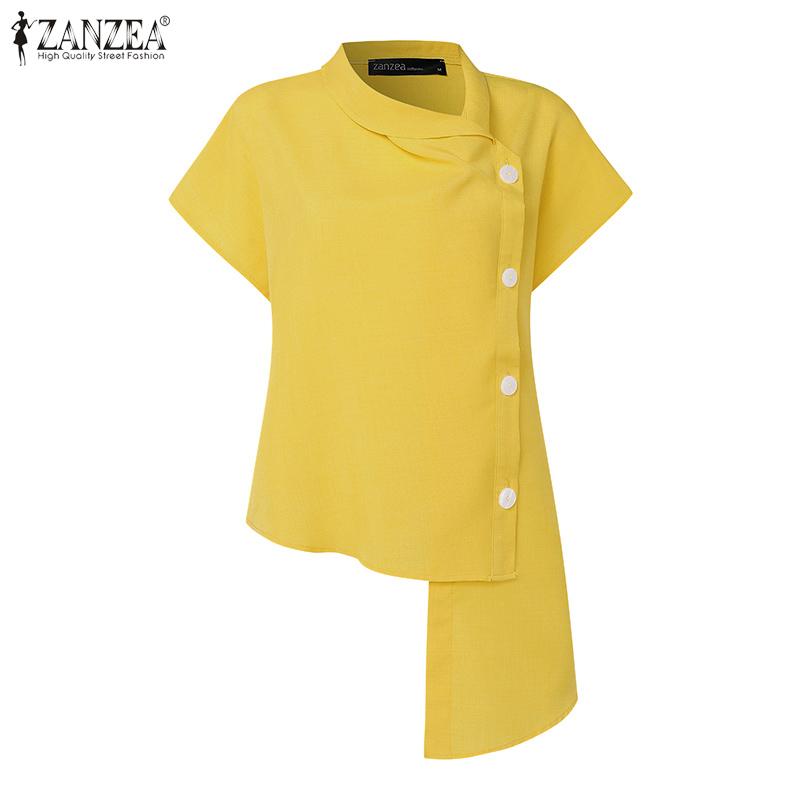 ZANZEA Bluză casual de vară cu mânecă scurtă și guler în V pentru femei, cu tiv neregulat