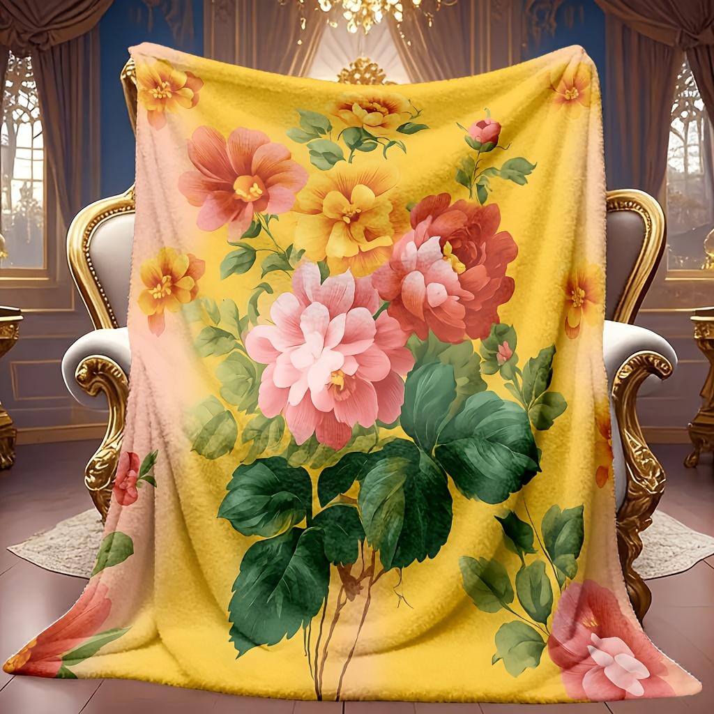 Floral Theme Blanket Soft High-Definition Digital Print Yellow Base with Pink Flowers All-Season Use Soft Breathable 100% Polyester Cooling Blanket Pe