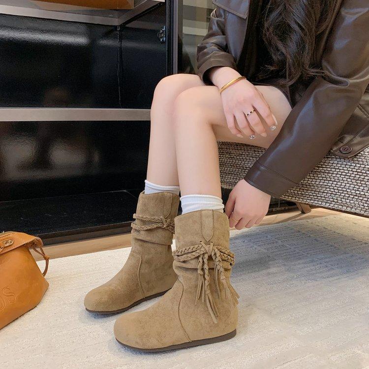 Short boots women's 2025 new autumn retro versatile fringed straps comfortable and thin brown popular casual short boots