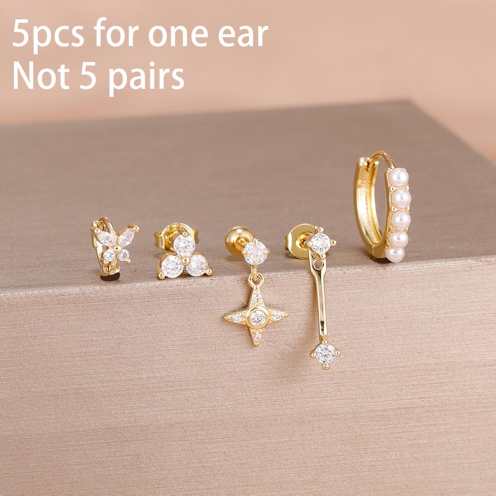 5PCS Stainless Steel Star Moon Minimal Hoop Earrings Set Small Helix Tragus Cartilage Huggie Piercing Earring Women's Jewelry