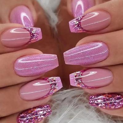 Purple Glitter Detachable Manicure Wearable Nail Art Press On Nails French False Nails Long Coffin Fake Nails Full Cover Tips