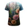 Popular Top Colorido de Campo de Flores Artístico Retro 3D Feng Shui com Manga Curta e Gola Redonda Solto para Mulheres