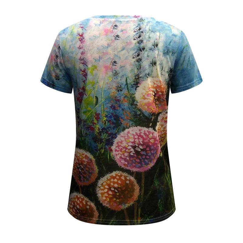 Popular Top Colorido de Campo de Flores Artístico Retro 3D Feng Shui com Manga Curta e Gola Redonda Solto para Mulheres