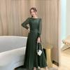 LYRIA Women Slim Pleated Maxi Dress with Belt Female Streetwear Vintage Dress Tie Front Dress  Robe