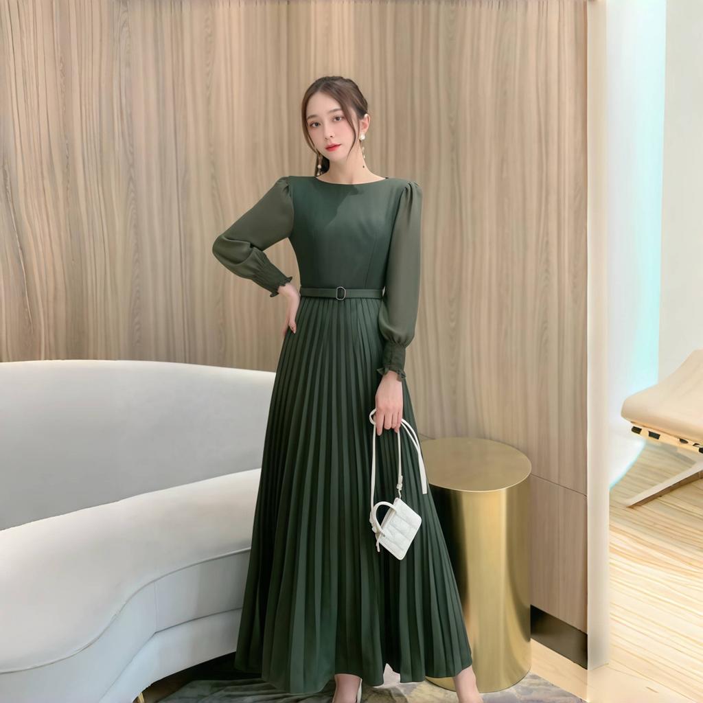 LYRIA Women Slim Pleated Maxi Dress with Belt Female Streetwear Vintage Dress Tie Front Dress  Robe