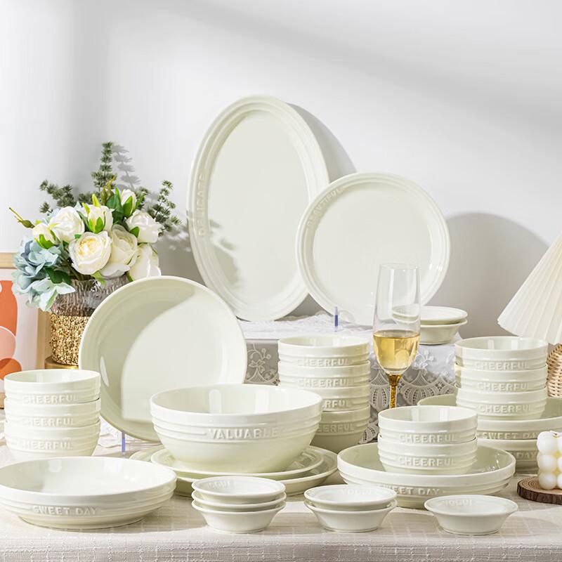 French Truffle White 54-Piece Ceramic Dinnerware Set 10 Person, 54-Piece Set with Large Soup Bowl