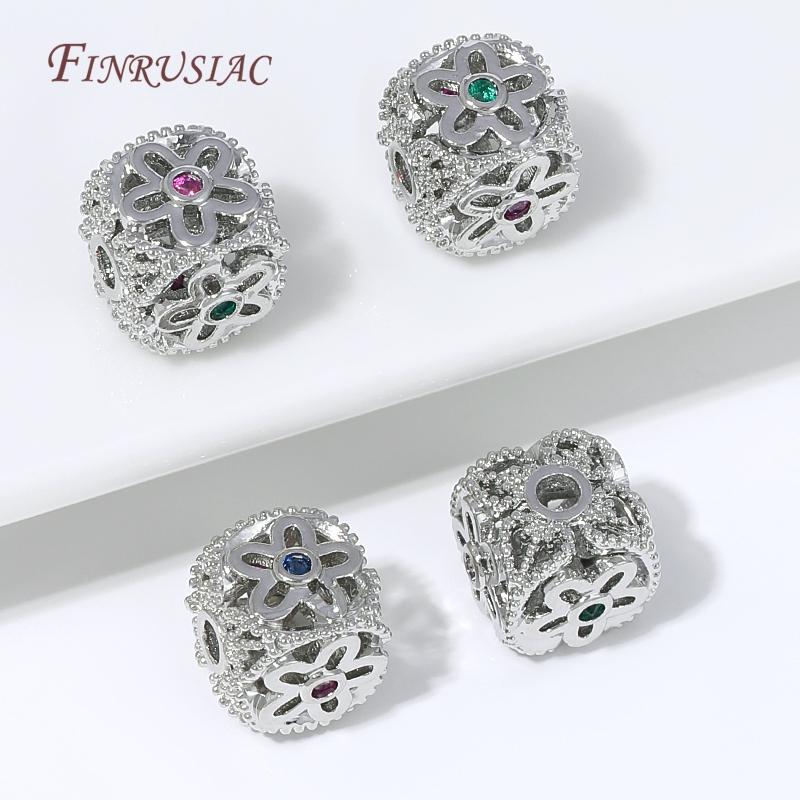 18K Gold Plated Hollow Flower Barrel Spacer Beads,Multicolor CZ Inlaid Loose Bead For DIY Pearl Necklace Jewelry Making Supplies