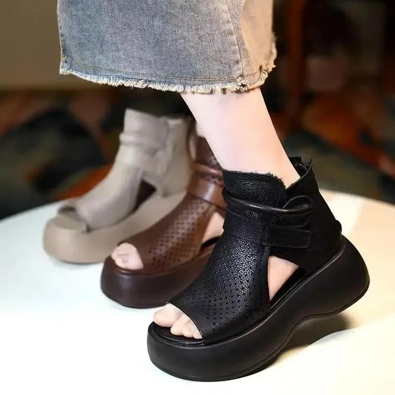 2024 Retro Soft PU Leather Ladies Boots Fashion Woman Sandals Summer Fish Mouth Sandals Wedges Mid Heels Shoe Women Sandalias