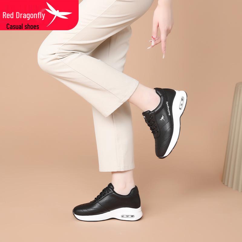 Red Dragonfly Women's Height-Increasing Thick-Soled White Leather Casual Shoes for Spring, Autumn, and Winter