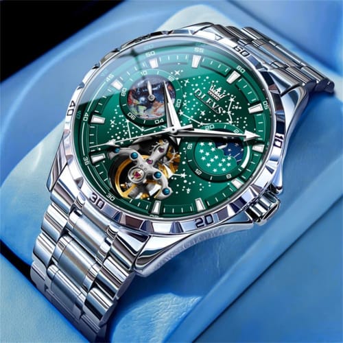 OLEVS Pánské automatické mechanické hodinky Starry Sky Dial Kožený řemínek Vodotěsné pánské hodinky Black