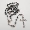 62KD Vintage Religion Rosary Necklace Hematite Stone Round Beads Chain with Jesus for Cross Pendant Necklace Catholic Jewelry