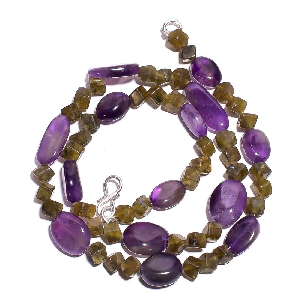 Natur Amethyst Labradorit Edelstein Glatte Perlen Halskette 17" UB-4992 UB-4992