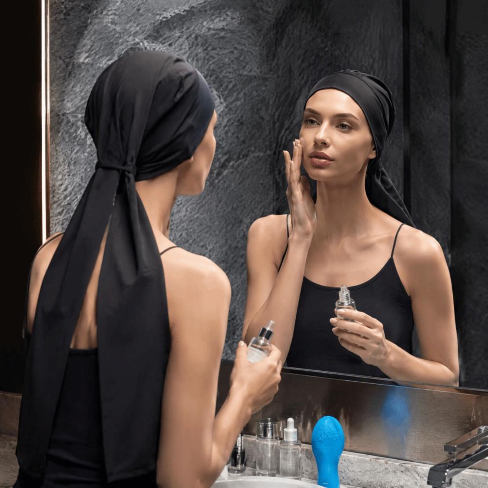 Breathable Black Sleep Cap Polyester&Elastane Soft Night Cap Breathable Bonnet Braids Hair Care