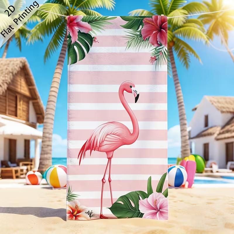 Pink Striped Flamingo Tropical Hibiscus Print Beach Towel Quick Dry Sand Proof Soft Absorbent Swimming Pool Travel Yoga Towels 50X100cm &1pc