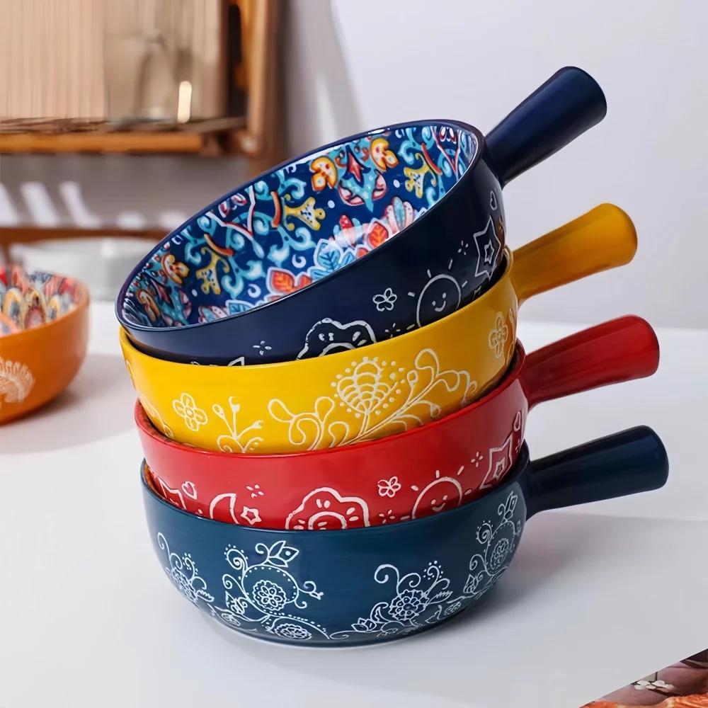 Bohemian Ceramic Hand-Painted Embossed Patterned Salad Bowl with Handle Kitchen Bakeware Microwave & Oven Safe 1 Pc