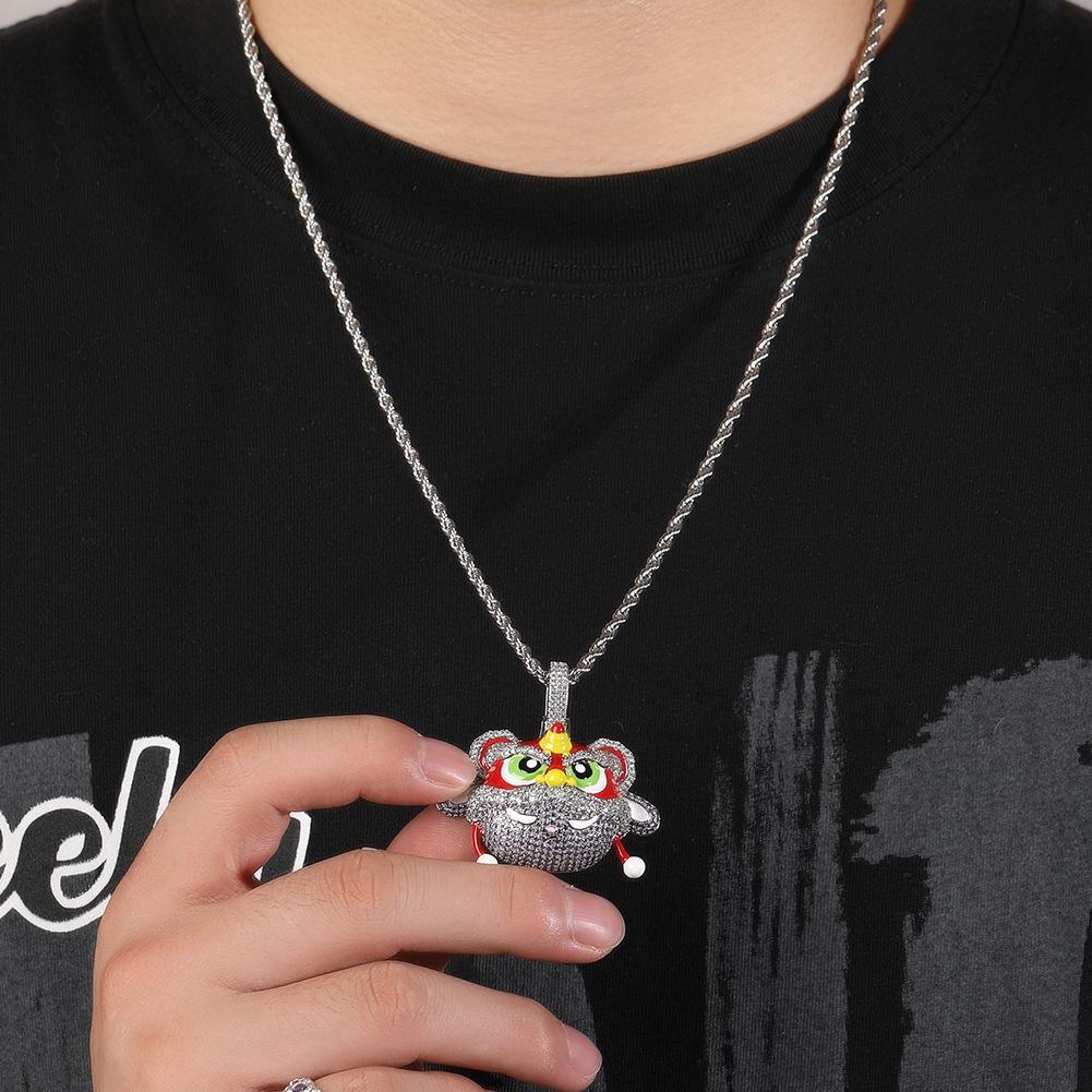New Guochao Chinese Style Retro Lion Dance Pendant Necklace Personality Diamond Hip Hop Style Necklace