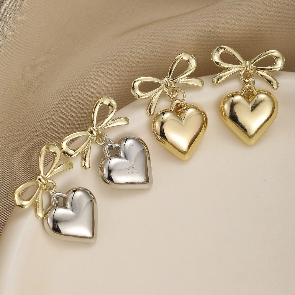 French Elegant Inspired Heart Pendant Earrings With Accent Bowknot