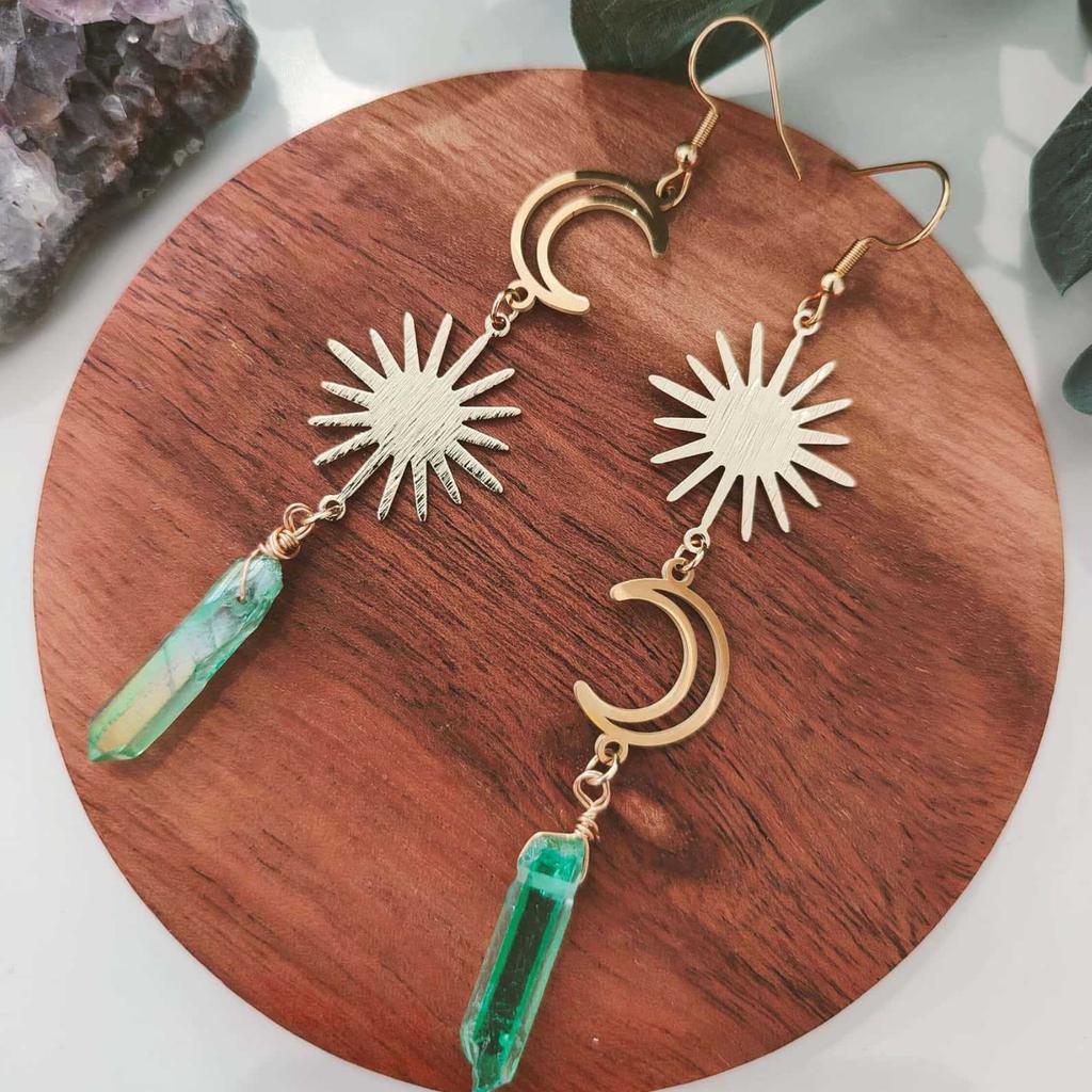 Asymmetrical Earrings, Goddess Jewelry, Crystal Earrings, Sun Moon Dangle, 18k Gold Earrings