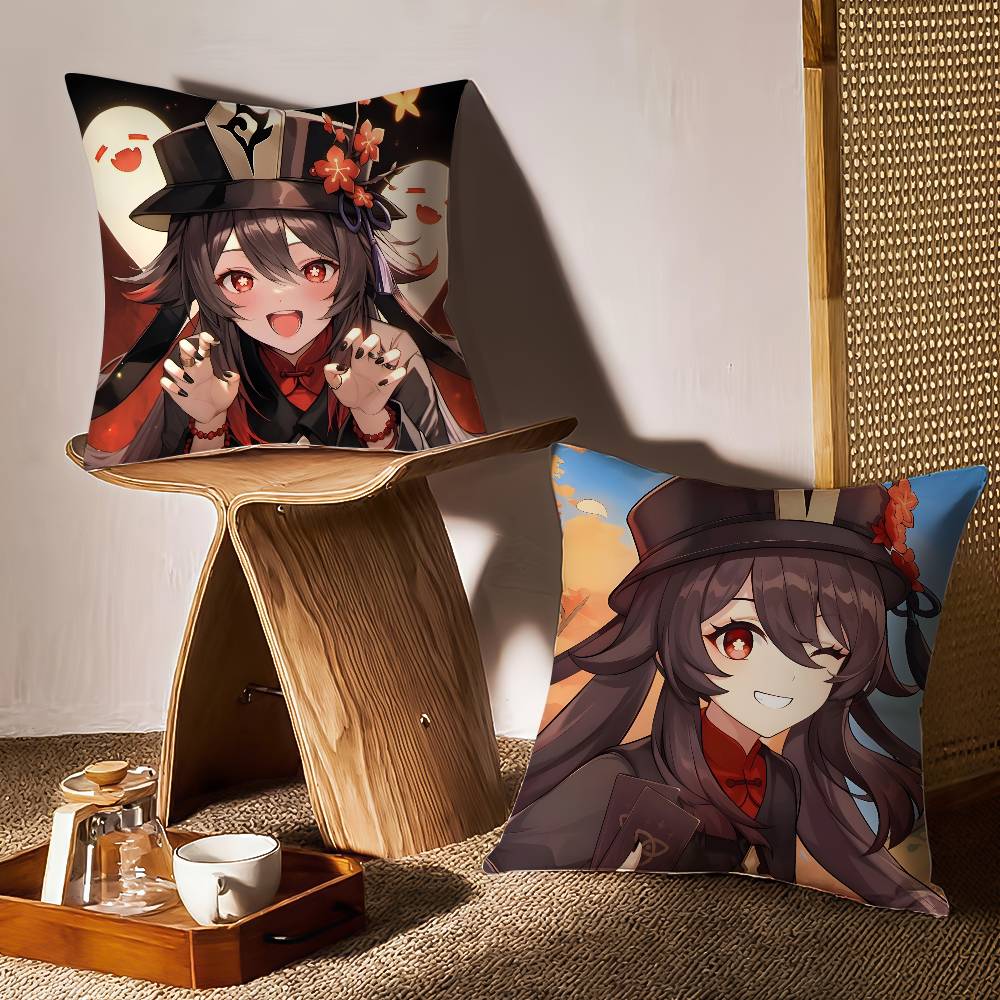 G-Genshin Impact-MT Cute Hu Tao Pillow Case Printing Pillowcase Living Room Sofa Cushion Cover Bedroom Room Decor