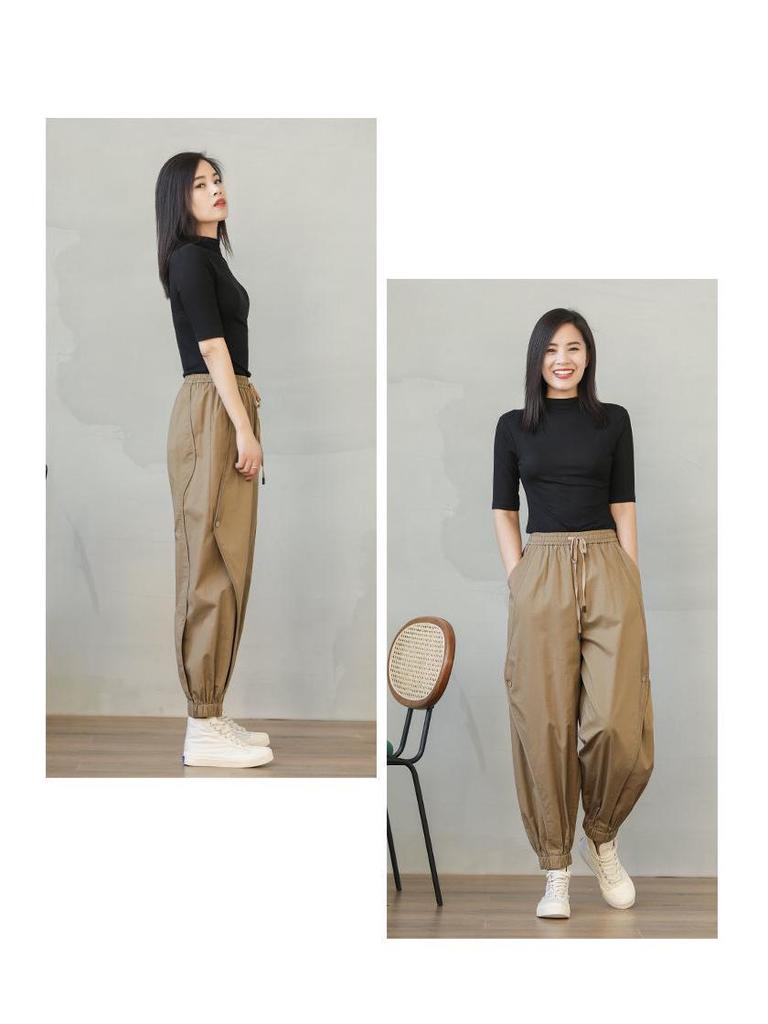 Women's Korean Style Cargo Harem Pants: Loose Fit, Elastic Waist, Plus Size, Ankle Banded, for Summer & Autumn.
