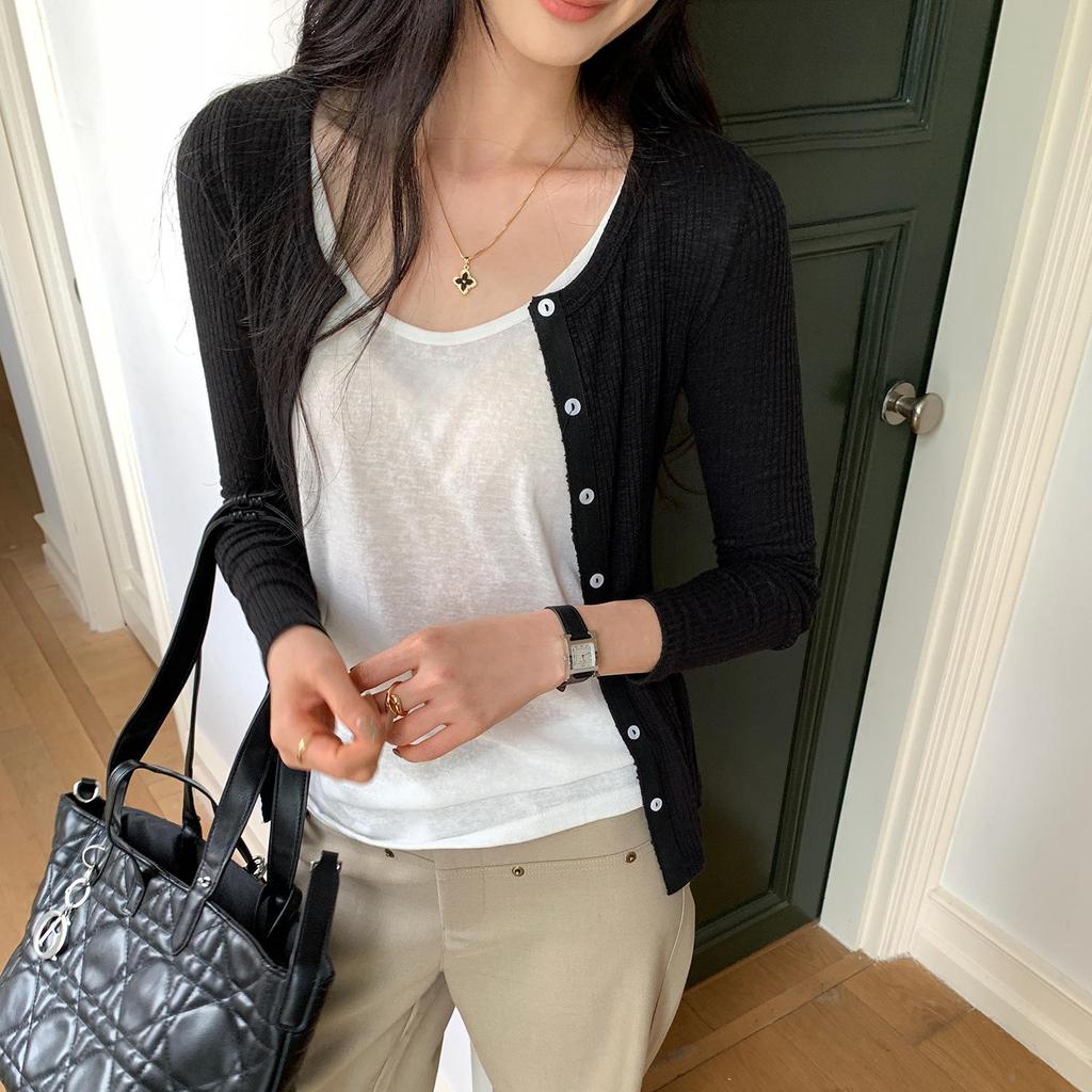 Korean Style Grey Round Neck Knit Cardigan for Women - Autumn/Winter Slimming Long Sleeve Top