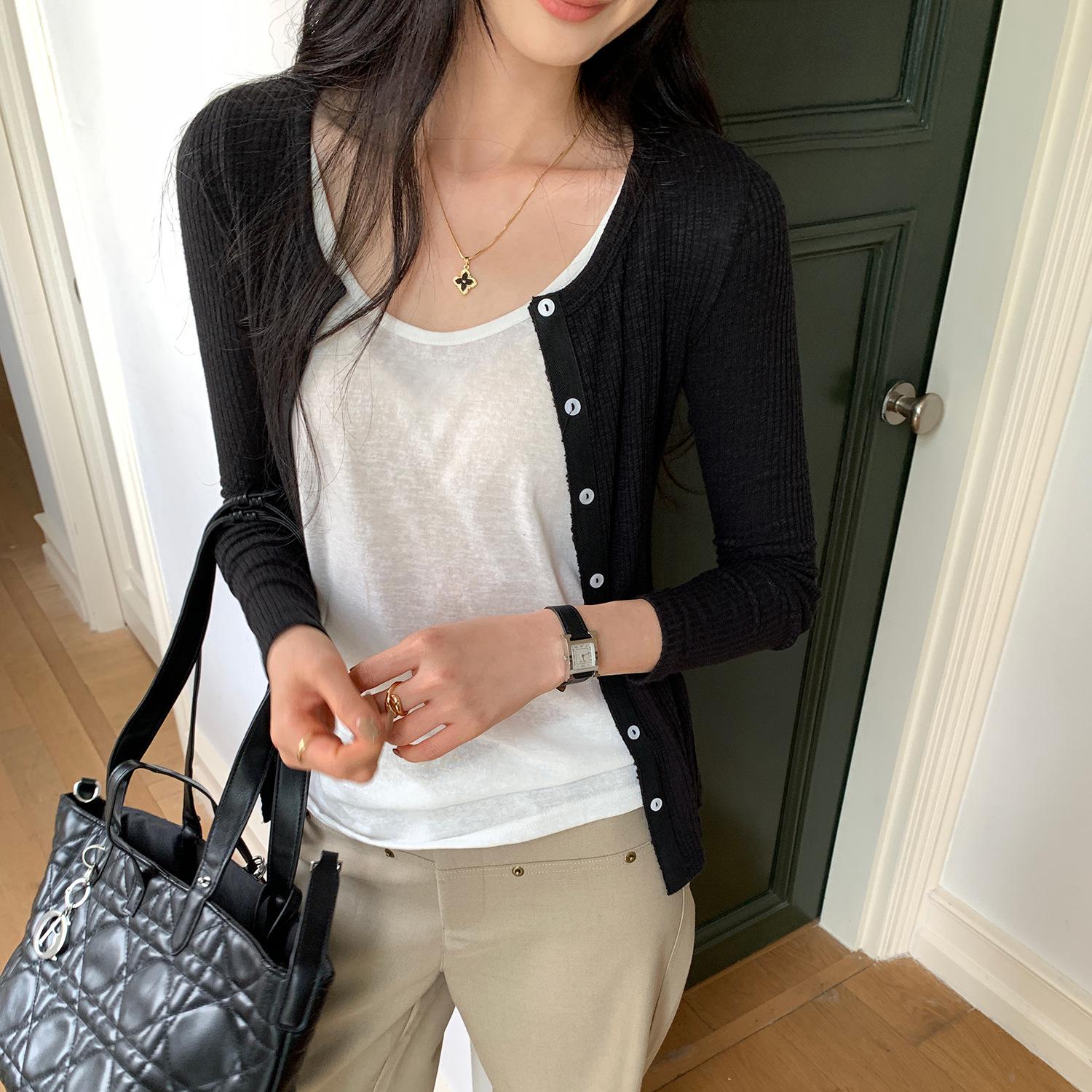 

Korean Style Grey Round Neck Knit Cardigan for Women - Autumn/Winter Slimming Long Sleeve Top M чёрный