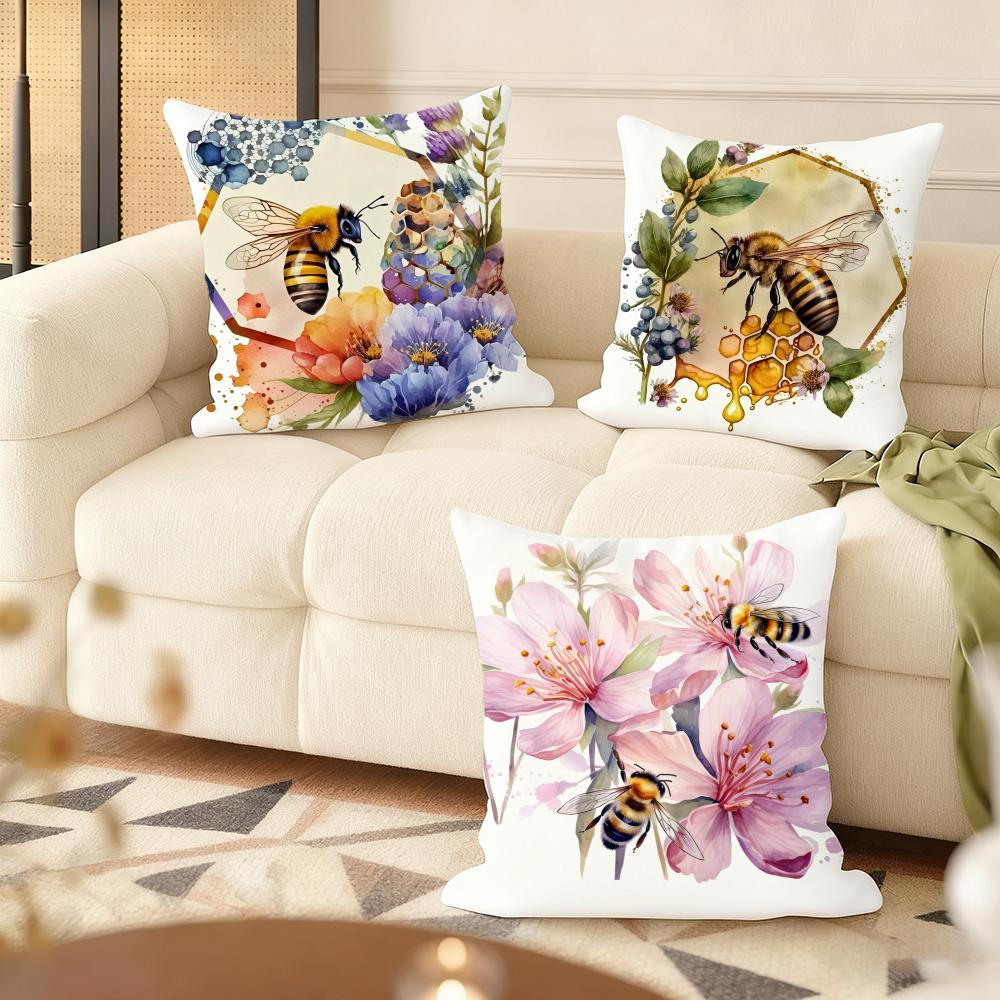 Watercolor beeflowers Cushion Cover Natural Linen Organic Fabric DoubleSided Printing Couch Pillow Covers Home Decor