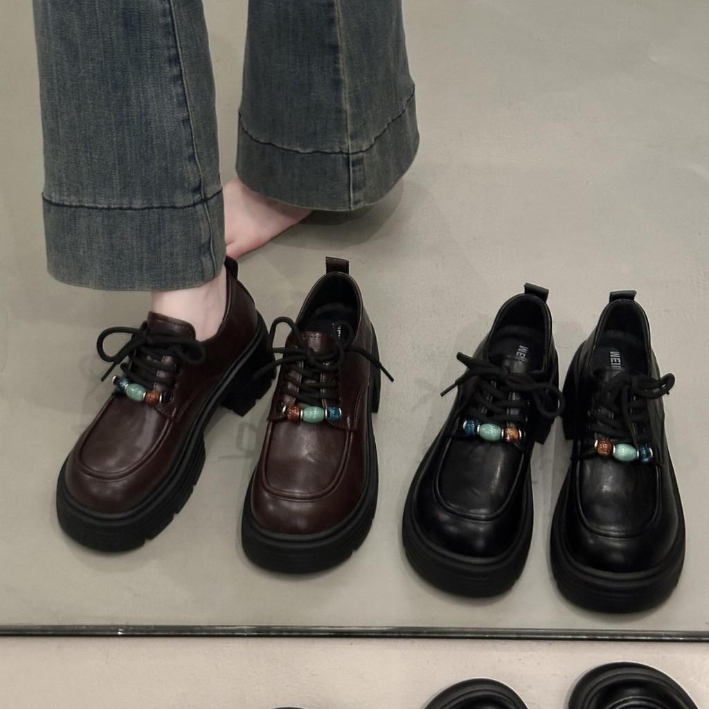 Thick-soled Thick-heeled Lace-up Jk Small Leather Shoes for Women's 2025 Autumn New British-style Small Loafers Popular Single Shoes