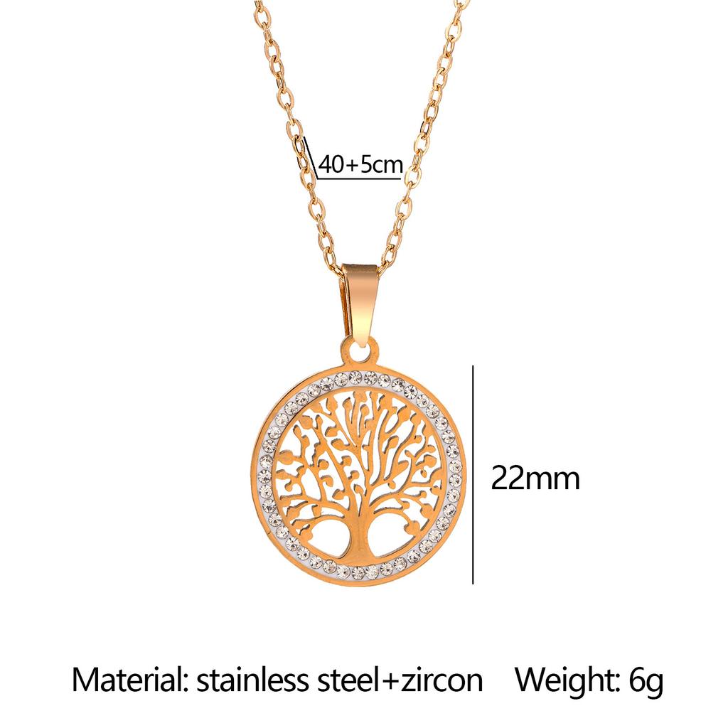 Women's Stainless Steel Gold-Color Tree of Life Necklace with Clear Zircon round Pendant Luxury Jewelry Gift for Weddings