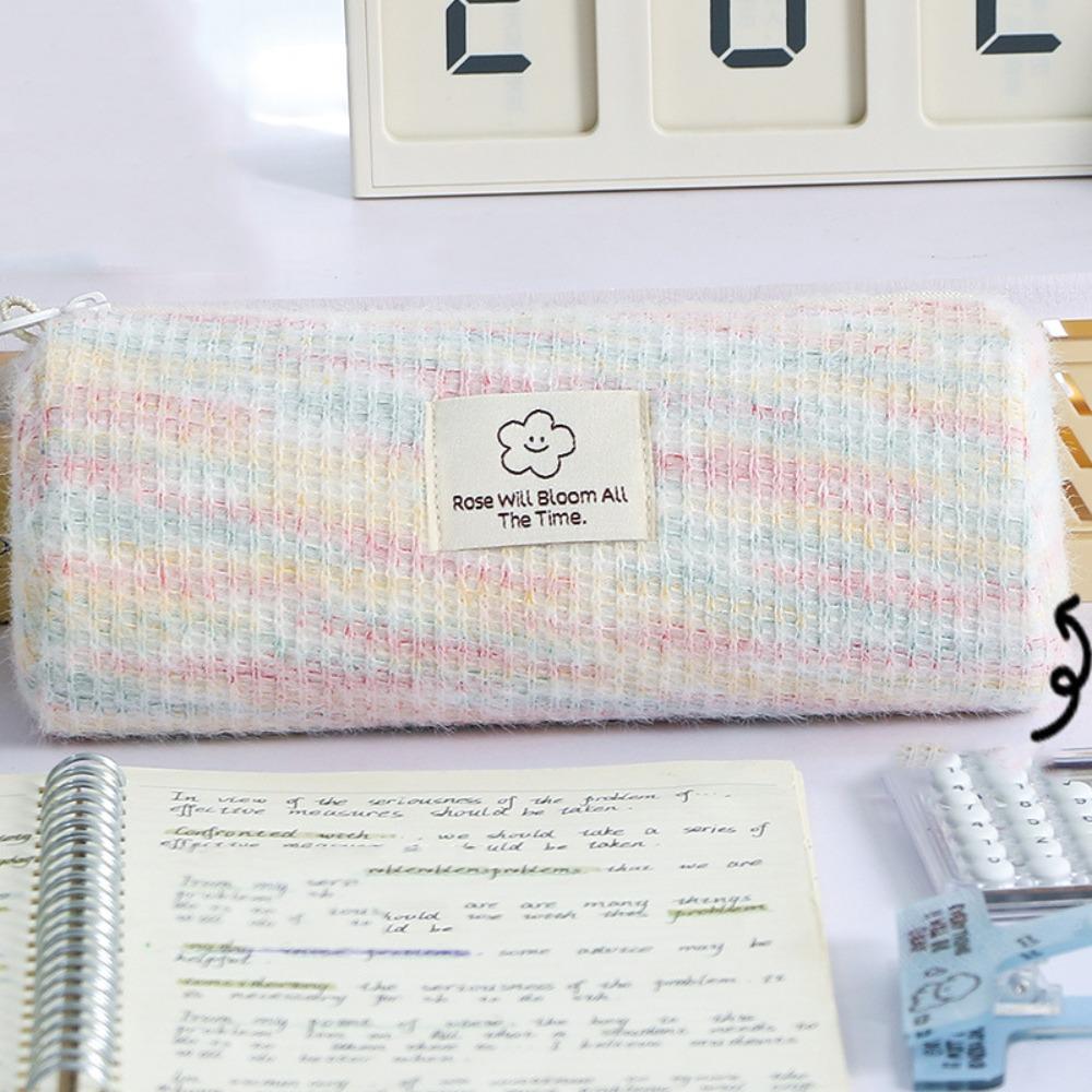 

Canvas Plaid Cosmetic Storage Bag Scratch-proof Pen Bag Woven Pencil Case Student Supplies белый