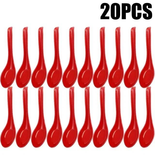 

20PCS Red Black Soup Spoons Melamine Anti-Shock Plastic Spoon with Hook Dumplings Porridge Dinner Cutlery Restaurant Utensils