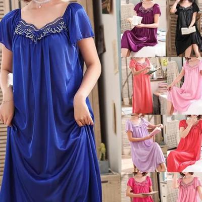 Vestido de pijama feminino renda cetim manga curta camisola longa confortável pijama de seda para casa