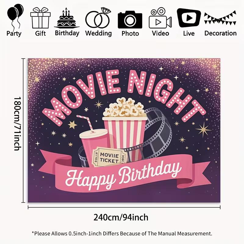 2D Movie Night Popcorn Film Reel Happy Birthday Wall Tapestry 47.2x31.5inch/120*80cm